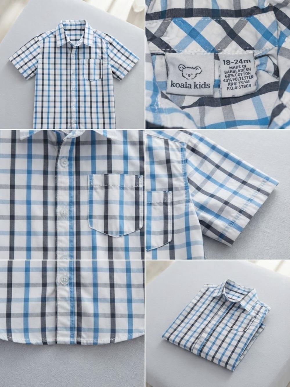 Children's Plaid Short-Sleeve Button-Up Shirt - Blue/Gray - Picture 4 of 5